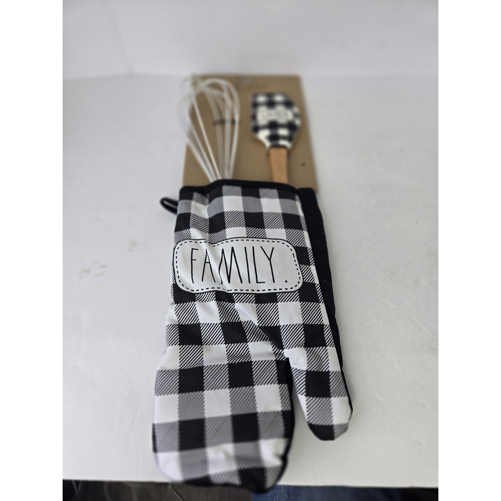 Rae Dunn 3 piece baking set spatula oven mitt wisk NEW black white check